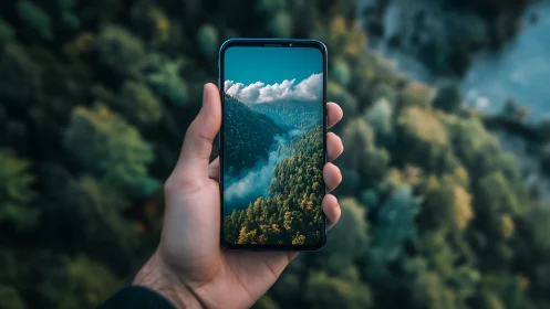 Smartphone frames vivid forest valley against blurred woods.