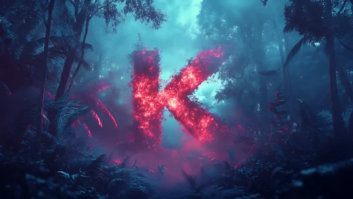 Glowing red letter K floats inside dense misty jungle