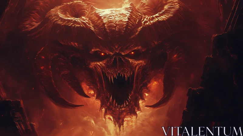 Demonic horned skull emerging from fiery red inferno.