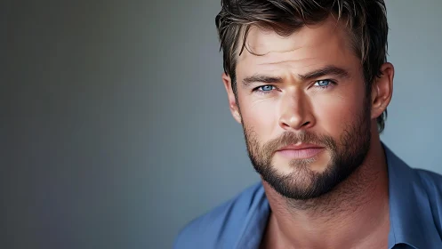 Intense blue-eyed man gazes forward in soft studio light