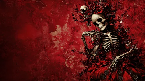 Baroque skeletal figure entwined with crimson roses on red field.