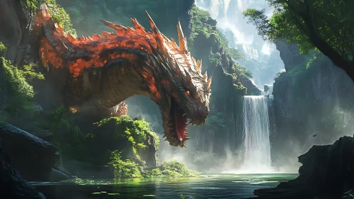 Armored lava dragon emerging before mist-shrouded waterfall