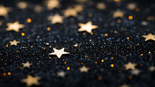 Photorealistic glitter field with shallow-focus golden stars.