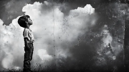 Boy in profile studies clouded sky in dreamy grayscale scene.
