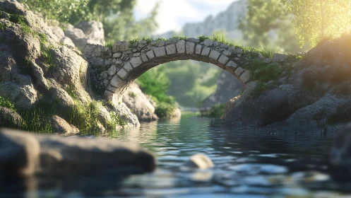 Stone arch bridge over tranquil forest stream at sunrise.