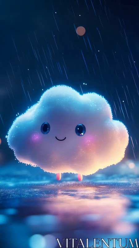 Cute glowing cloud character floats above wet reflective ground