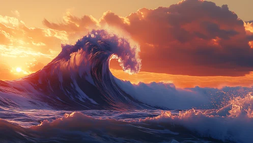 Sunlit ocean wave curls under vivid golden sunset sky.