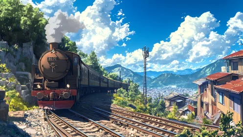 Steam train gently winds through a sunny mountainside town