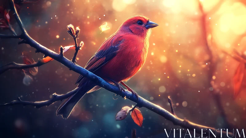Vibrant Red Bird on Branch in Magical Autumn Light, Digital Art.