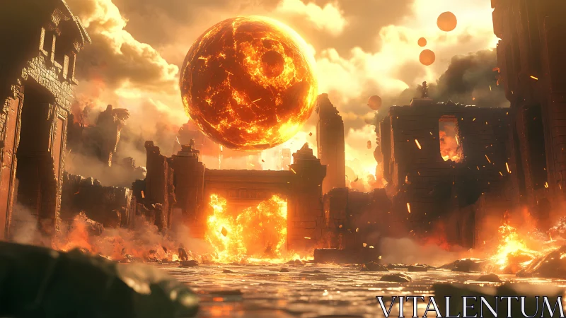 Molten sun above ruined citadel in apocalyptic blaze.