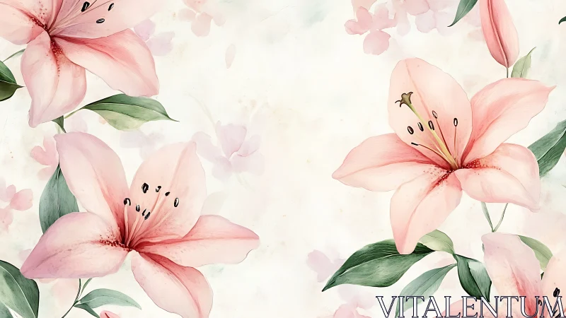 Soft watercolor lilies with pastel petals and layered foliage