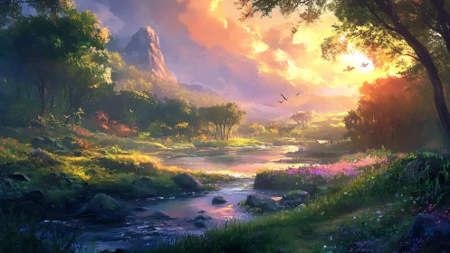 Luminous river valley landscape under radiant sunset sky.