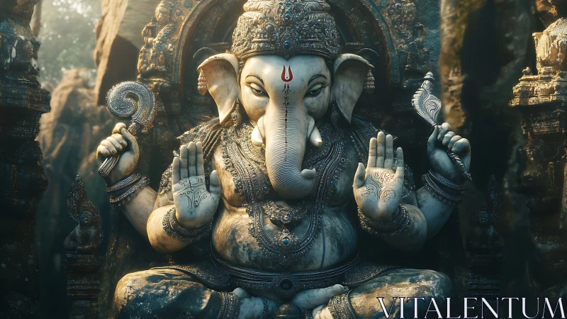 Digital render of ornate stone Ganesha shrine at dawn.