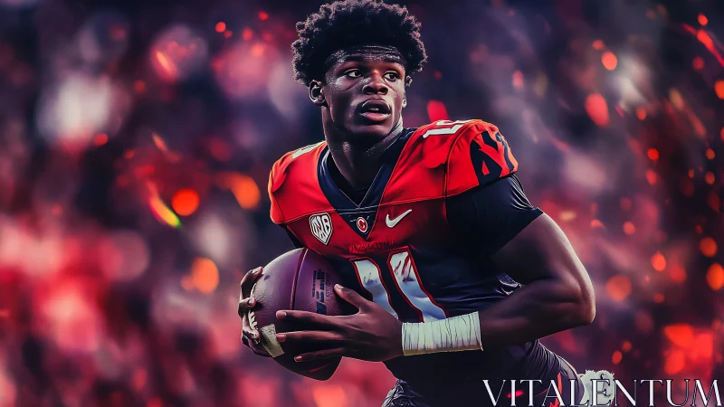 Powerful football player sprints forward under glowing lights