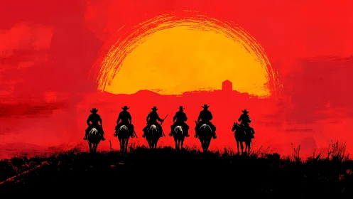 Crimson frontier riders crossing beneath a burning sun.