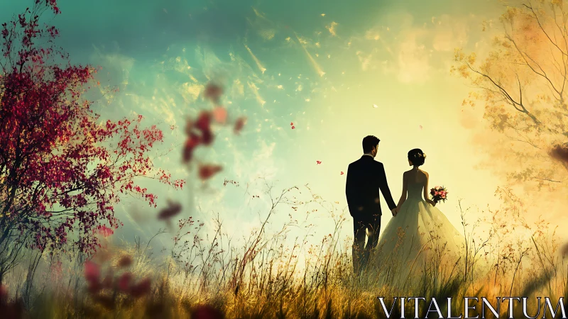 Silhouetted couple in floral field landscape.