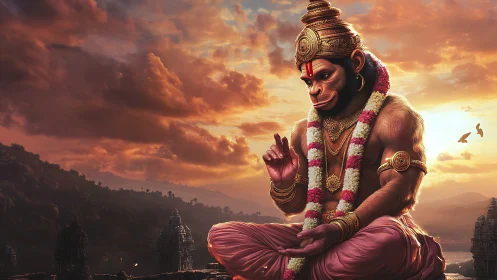 Divine simian deity in sunset-lit temple valley landscape.