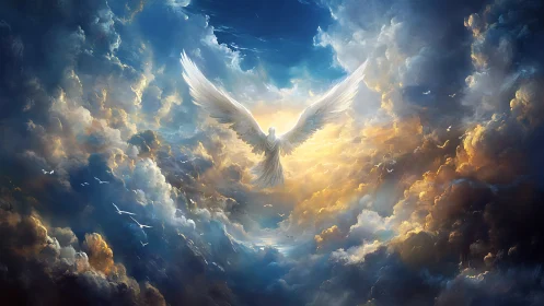 Radiant angelic figure ascends through volumetric celestial clouds