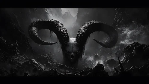 Mountain chasms cradle a colossal horned abyssal guardian