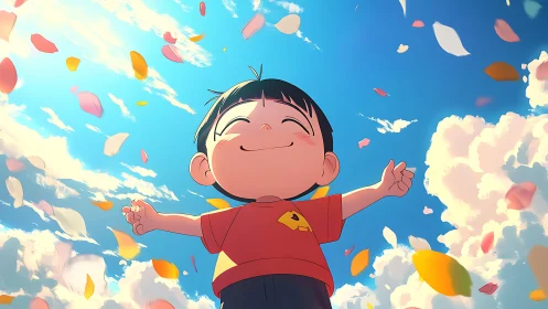 Joyful child lifts arms to the sky amid drifting petals