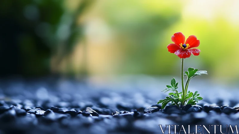 Red wildflower rises through wet stones in soft bokeh field.