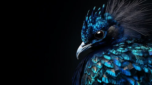 Iridescent blue crested bird portrait on deep black backdrop