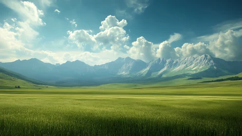 Emerald prairie hush beneath cloud crowned mountain guardians.