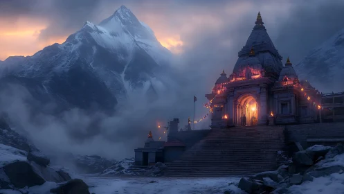 Mountain temple illuminated by dusk fires in drifting mist.
