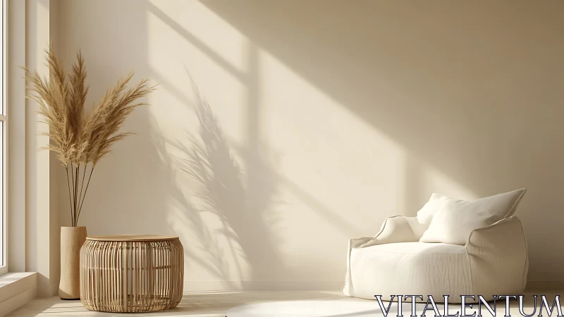 Neutral-toned lounge corner shows chair, table, and vase
