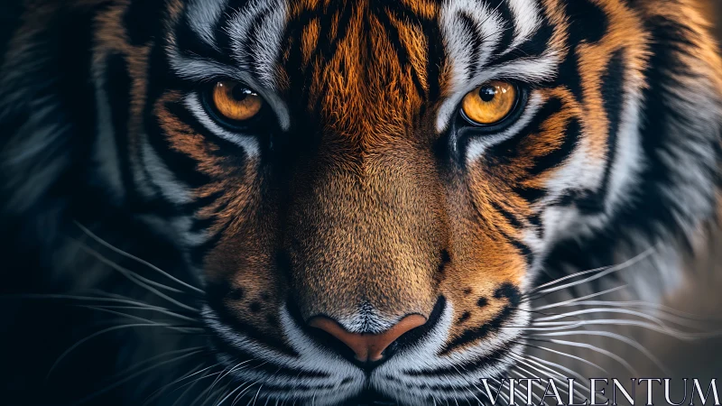 Tiger portrait with intense amber eyes and sculpted fur detail.