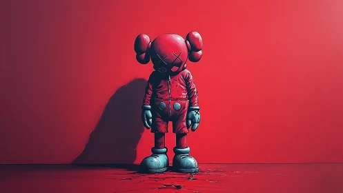 Red stylized figure stands against flat wall in center
