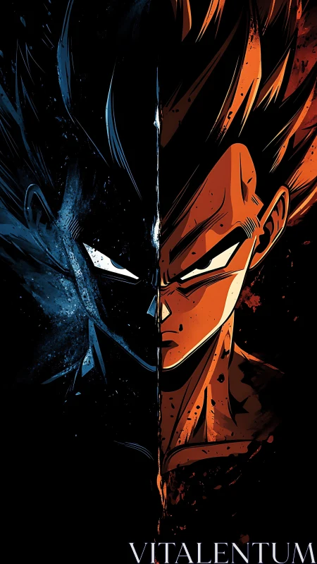 Bisection portrait contrasts dual-colored anime warrior with splatter lighting