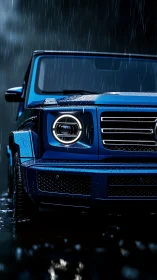 Rain-soaked blue SUV front view shows LED ring headlamp geometry