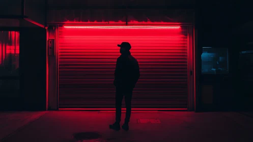 Silhouetted urban figure before neon-illuminated shutter facade.
