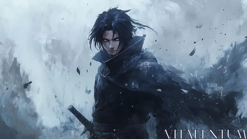 Dark swordsman in storm of blue and gray energy. Period.