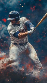 Baseball batter swings bat amid dynamic smoke and sparks