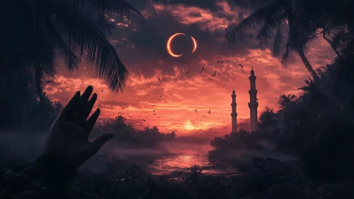 Digital crescent eclipse above tropical mosque lagoon at dusk.