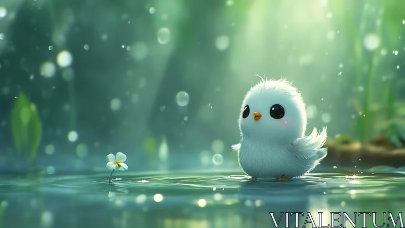 Downy pond wanderer greeting a tiny moonlit blossom.