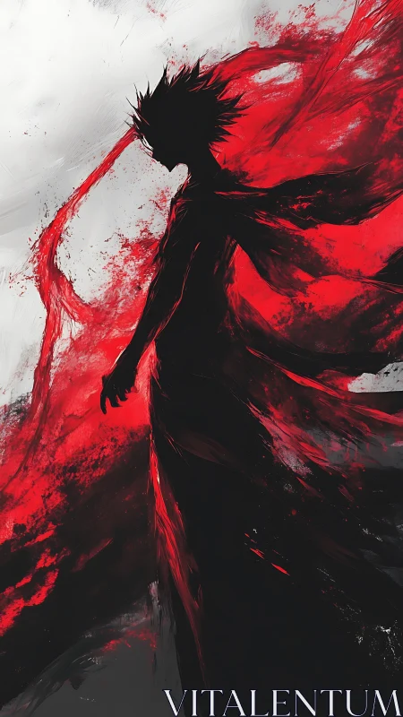 Silhouetted figure in red energy plume, high contrast digital art