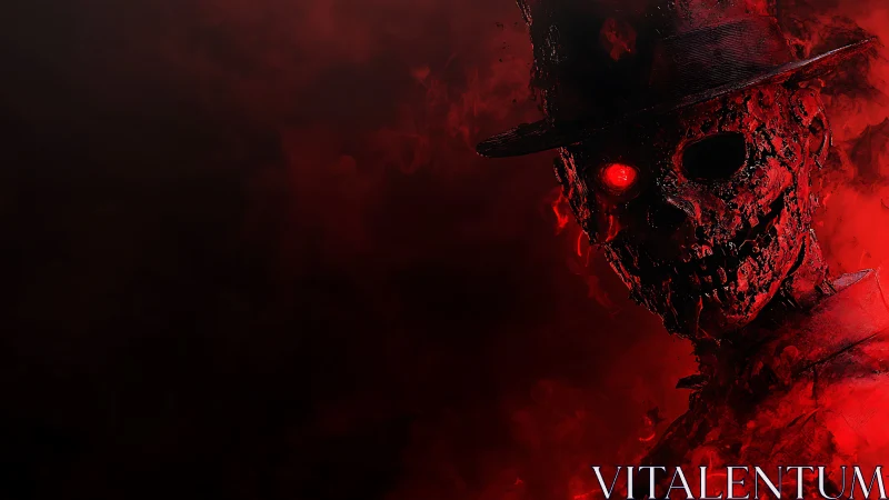 Infernal skeletal revenant in hat amid volumetric red haze.