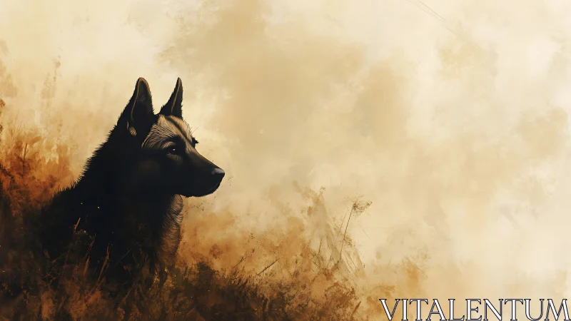 Solitary shepherd dog in misty amber fieldscape at dawn.