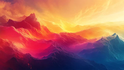 Neon mountains glow beneath a blazing surreal sunrise sky