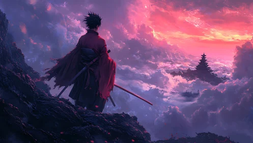Lone samurai watches cloud sea beneath burning sunset sky.