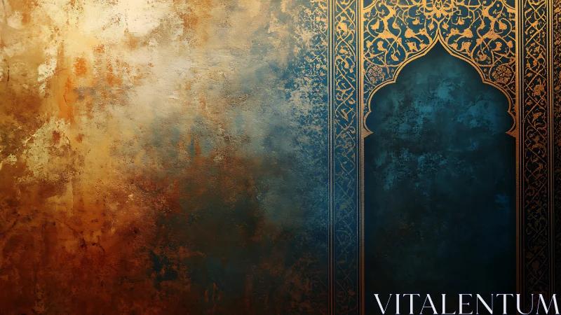Ornate Islamic archway on textured teal and gold wall.