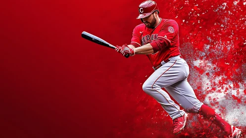 Powerful red swing bursting through a storm of color.