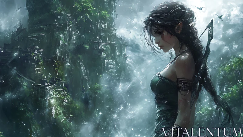 Forest archer pauses on misty cliffs of a hidden kingdom.