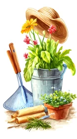 Still life shows gardening tools, metal bucket and potted plants