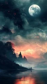 Lunar mist over crimson shore in vertical fantasy landscape.