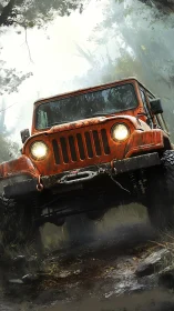 Mud-splattered off-road jeep charging through misty forest trail.