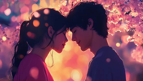 Romantic anime couple under glowing cherry blossom bokeh